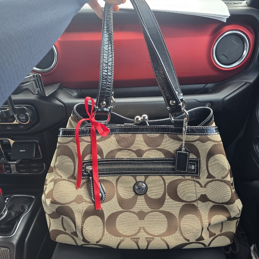 Coach Brown and Black Shoulder Bag with Red Accent